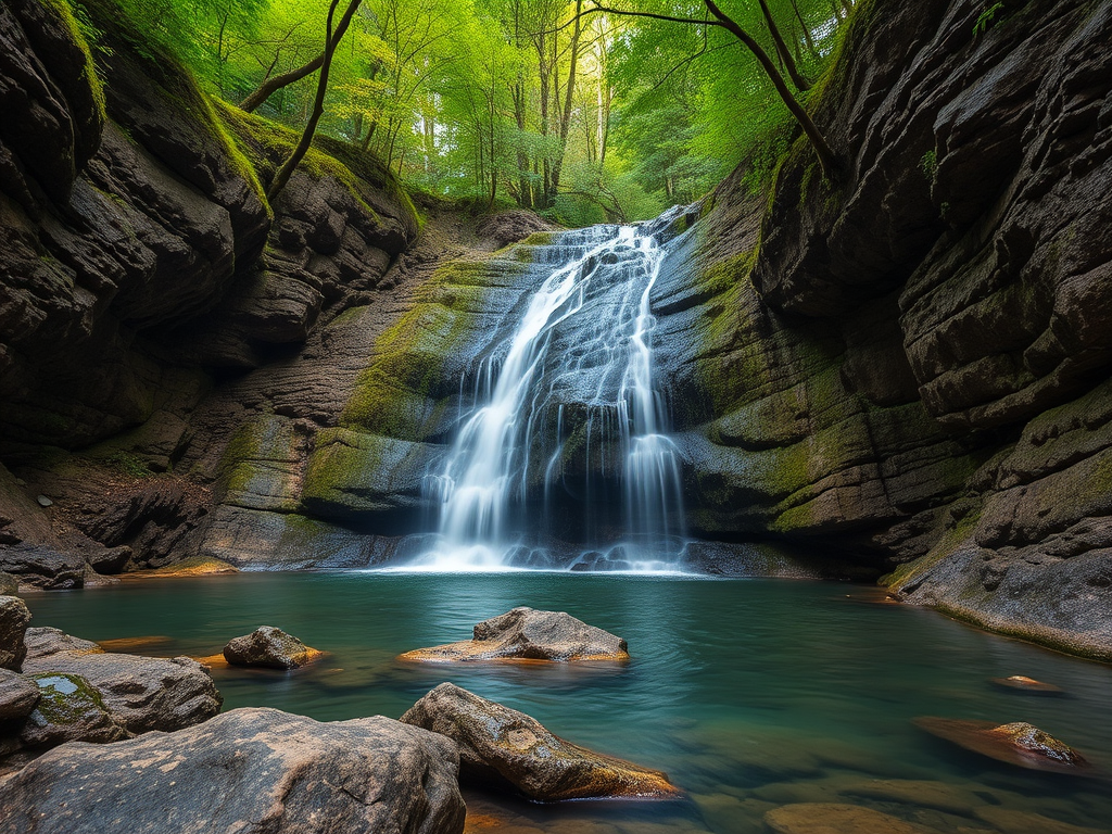 Capture a high-resolution image of a forest waterfall cascading down rocky cliffs into a serene pool, shot with a Canon EOS R5 at f/8, ISO 100, 1/60 sec, wide-angle lens, in soft natural light with a focus on vibrant greens and the textures of the rocks.