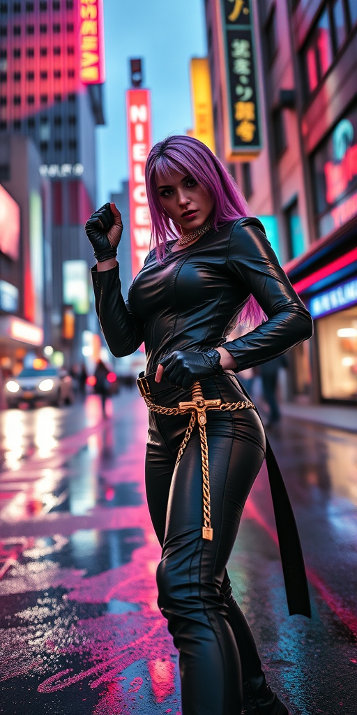 Cyberpunk cityscape featuring a fierce woman with purple hair in a black leather outfit holding a sword, neon lights reflecting off wet pavement, dusk setting, captured with a Canon EOS R5, 50mm lens, f/1.8 aperture, ISO 400, 1/125s shutter speed, low angle shot for dramatic effect.