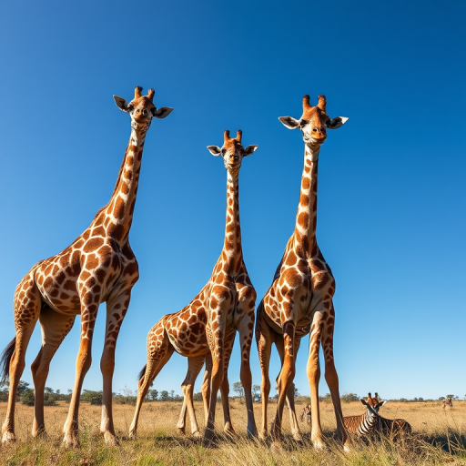 Giraffes standing together in a grassy field under a clear blue sky, captured with a Canon EOS 5D Mark IV, 70-200mm lens, f/4 aperture, 1/500 sec shutter speed, ISO 400, shot from a low angle for a dramatic perspective.