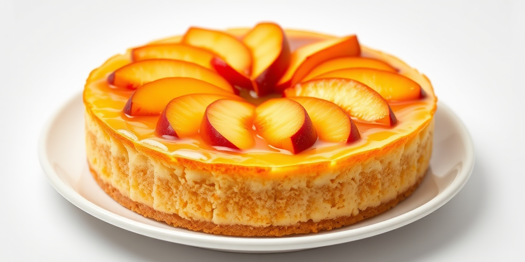 Create an image of a delicious fruit cheesecake with a golden crust topped with slices of peaches and a glossy fruit glaze. The cheesecake should be round and presented on a white plate against a simple background, highlighting its vibrant colors and textures.