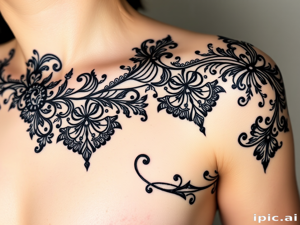 Ornamental blackwork tattoo titled "Lace Elegance" featuring intricate filigree patterns and delicate lacework designs flowing gracefully across the skin in bold black ink