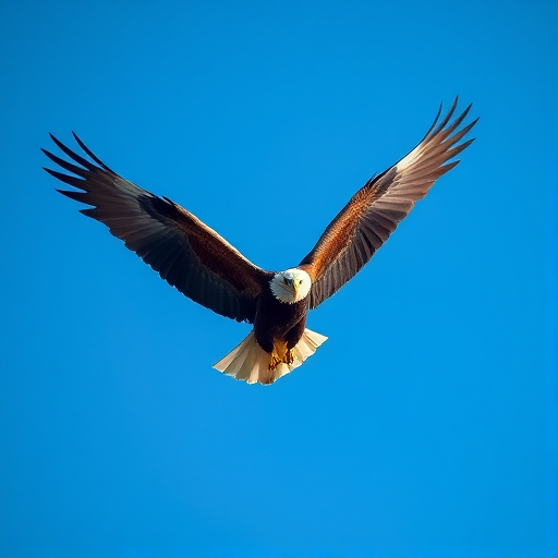 Create a high-resolution digital illustration of a soaring eagle with outstretched wings in a clear blue sky, using a 50mm lens, f/8 aperture, 1/1000 shutter speed, and a Canon EOS 5D Mark IV for sharp detail and vibrant colors.