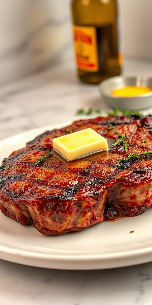 Create an image of a perfectly seared ribeye steak, resting on a white plate with a pat of melting butter on top. The steak is seasoned with fresh herbs like thyme and parsley, with glistening juices highlighting the texture of the meat. The background features a soft focus on a light, marble countertop, with a small dish of butter and an olive oil bottle in the distance. The overall mood should be warm and inviting, capturing the deliciousness and juiciness of the steak.