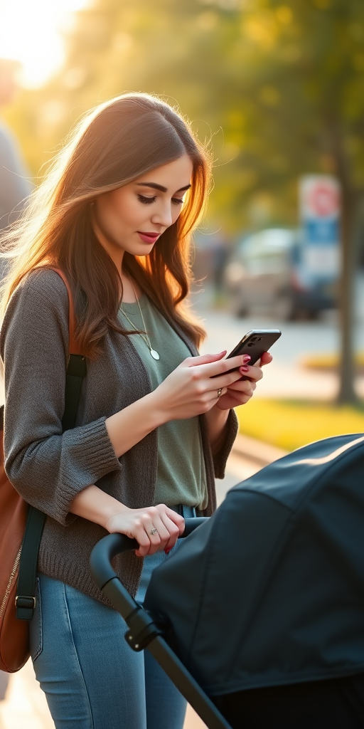 Generate an image of a woman standing outdoors while checking her phone, pushing a stroller, with soft natural lighting, using a Canon EOS R5 camera, 50mm lens, f/1.8 aperture, ISO 100, and shallow depth of field to create a blurred background.
