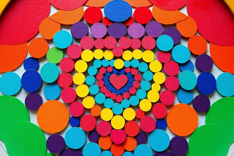 Create an image of a heart shape made up of colorful circular patterns arranged symmetrically, using a high-resolution camera setting of 24MP, with a shallow depth of field, shot from a top-down view, in a bright and vibrant style, using a DSLR camera.