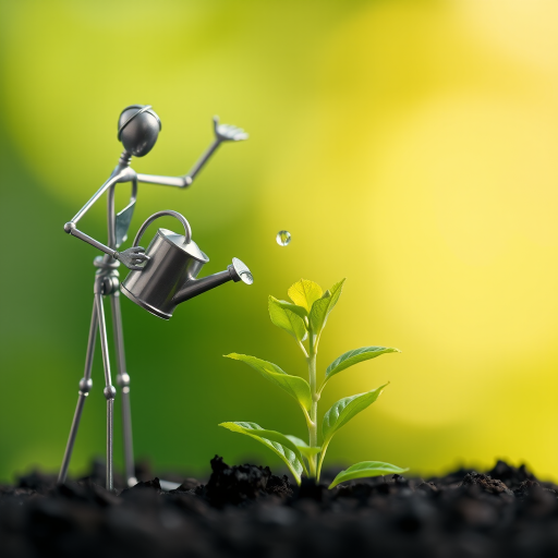 A metal figurine of a person, constructed from thin, silver rods, stands on the left side of the image, facing the viewer. The figurine is holding a small watering can and pouring water onto a young plant, with a few droplets in the air. The plant, with lush green leaves, is situated in the center, growing from dark soil. The background is a soft, out-of-focus blur of green, illuminated by warm, natural light.  The composition creates a sense of depth and intimacy. The image evokes feelings of growth, nurture, and hope.