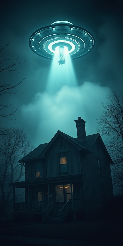 Create a high-resolution image of a haunted house under a hovering UFO, using a full-frame DSLR camera with a 24mm lens at f/2.8, set ISO 400, with a night shot style, capturing a low-angle view for a dramatic effect, emphasizing eerie lighting and fog for atmospheric depth.