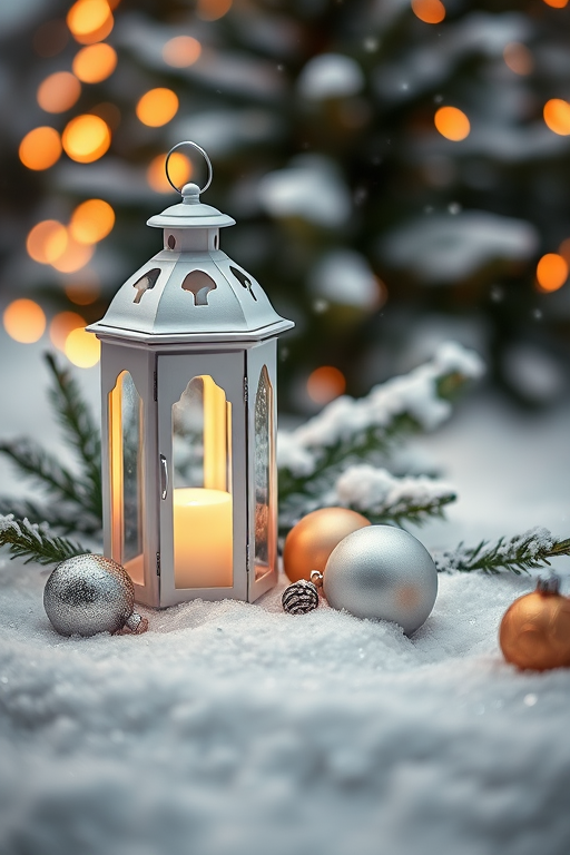 Create a cozy winter scene featuring a white lantern glowing softly in the snow. Surround the lantern with festive ornaments, including a silver ball and a gold one, on a shimmering snowy surface. Add a hint of evergreen branches in the background, with a blurred bokeh effect of warm lights to enhance the holiday atmosphere.