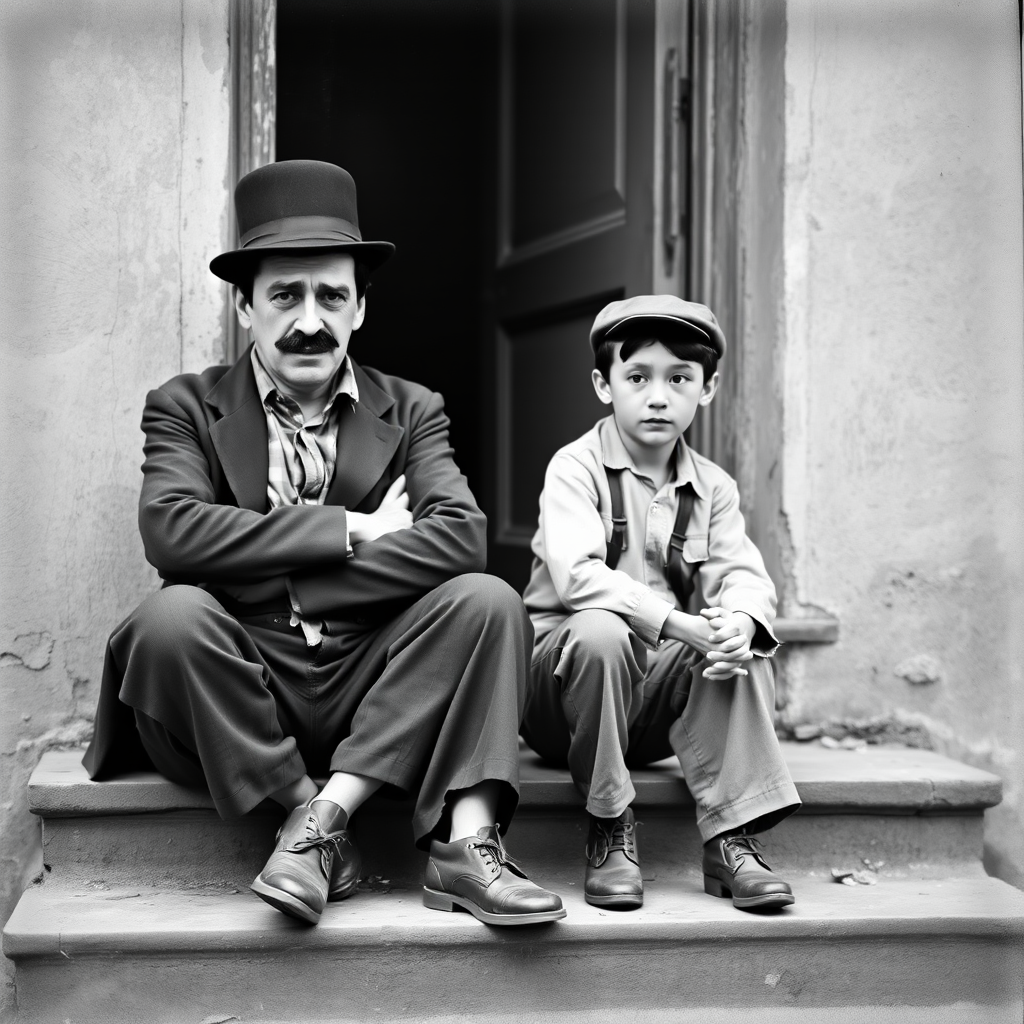 A black-and-white photograph of a man and a child sitting on steps in front of a doorway. The man is dressed as a tramp with a bowler hat, mustache, and ragged clothes, reminiscent of Charlie Chaplin's iconic look. He is sitting with his arms crossed and an expression of slight sadness or frustration. Next to him is a young boy, also in worn clothes and a cap, sitting with his hands clasped, looking thoughtful. The background is an old, textured wall and a partially open door, creating a vintage, early 20th-century atmosphere.