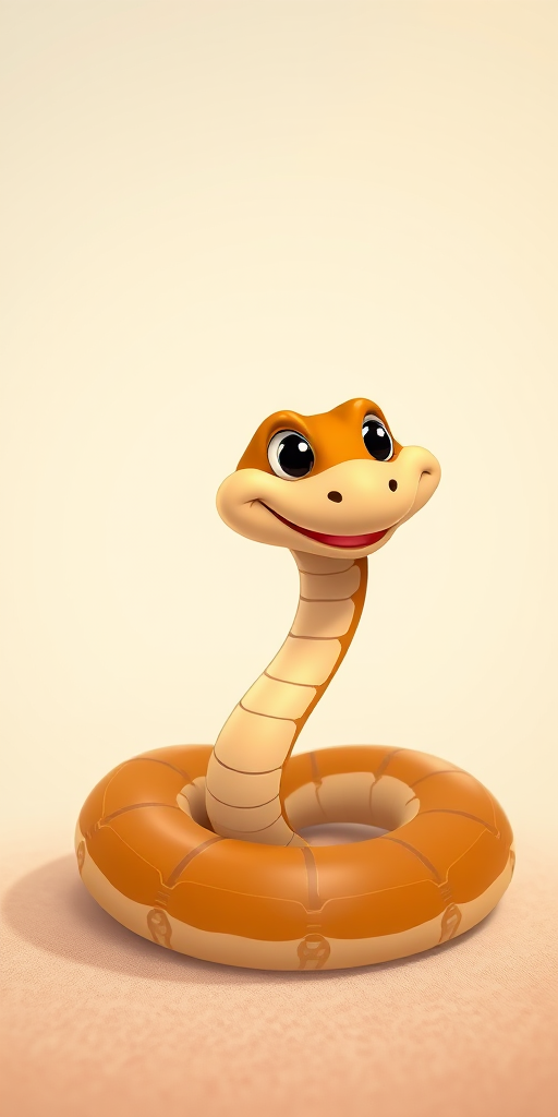 Create a cartoon-style image of a snake with a friendly expression, coiled on a soft, simple background, using a Canon EOS 5D Mark IV camera with a 50mm lens, f/1.8 aperture, ISO 200, and a shallow depth of field for a vibrant and clear image.