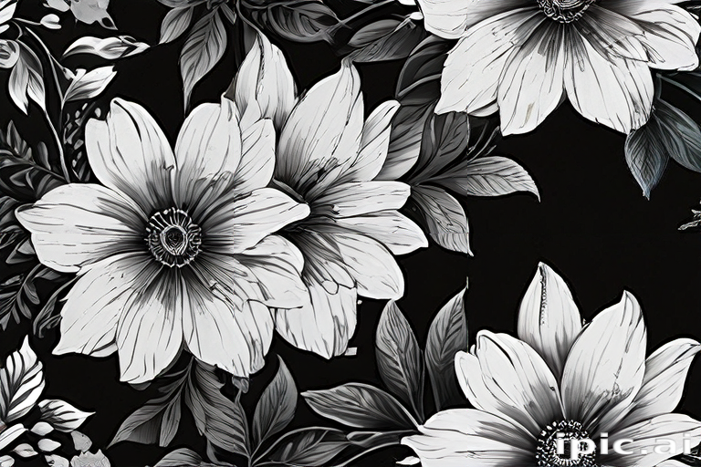 Elegant Black and White Floral Design Featuring Lush Blossoms and Foliage