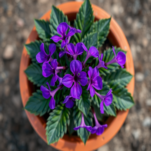 Create a high-resolution image of a vibrant purple flower plant in a terracotta pot, shot from a top-down angle with natural lighting, using a DSLR camera, aperture f/4, ISO 100, 50mm lens.
