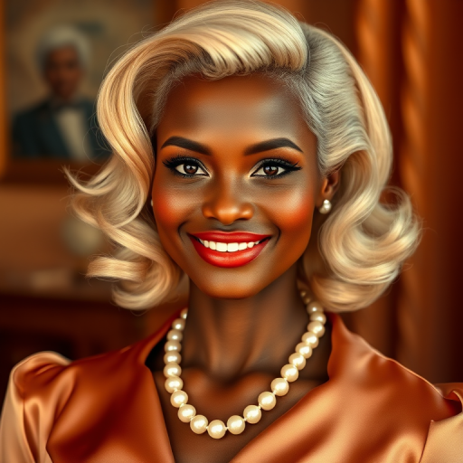 A beautiful Xhosa woman reminiscent of 1950s Hollywood glamour, with perfectly styled blonde hair and a seductive smile, dressed in a satin blouse and adorned with pearls, soft and warm tones, photorealistic, 8K