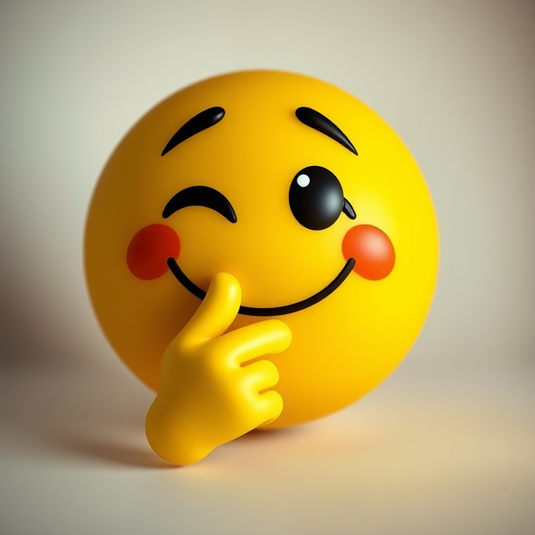 Create an image of a cartoonish yellow emoji with a playful expression, finger to lips, set against a soft gradient background, captured using a DSLR camera at f/2.8 aperture, ISO 100, 50mm lens, in high dynamic range for enhanced detail and color richness.