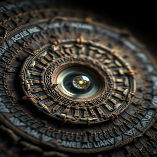 Create a high-resolution abstract image featuring intricate circular patterns and textures with a central orb, using a Canon EOS R, f/8 aperture, 1/60 sec shutter speed, ISO 100, with a 24mm lens, in a macro view to enhance details and depth in a dark background setting.