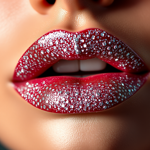 Dazzling diamond-dusted lips with a high-shine finish, sparkling and catching the light beautifully, captured in a glamorous and luxurious beauty close-up