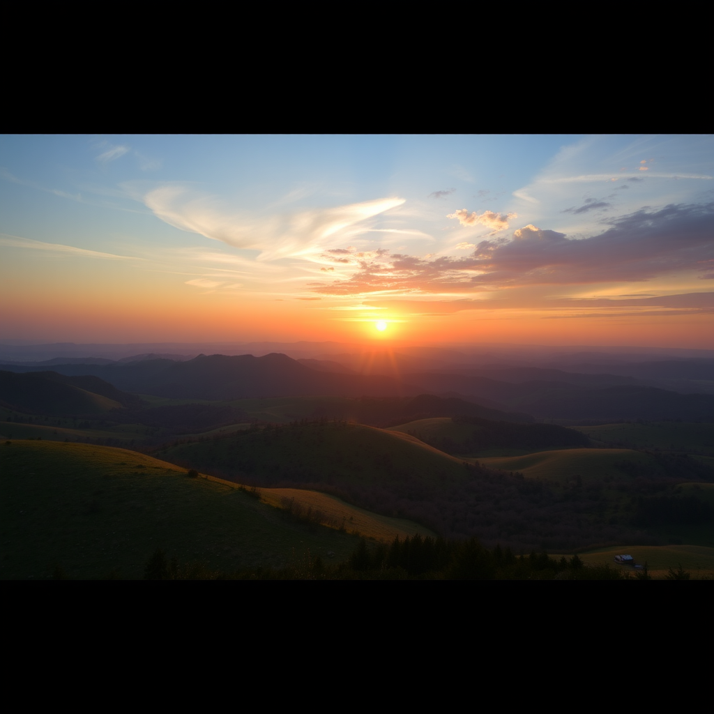 Generate an image of a serene landscape with rolling hills and a sunset, using a DSLR camera with a 50mm lens, aperture set to f/4, ISO 200, shutter speed 1/200 sec, capturing a wide-angle view in vibrant colors and high detail.