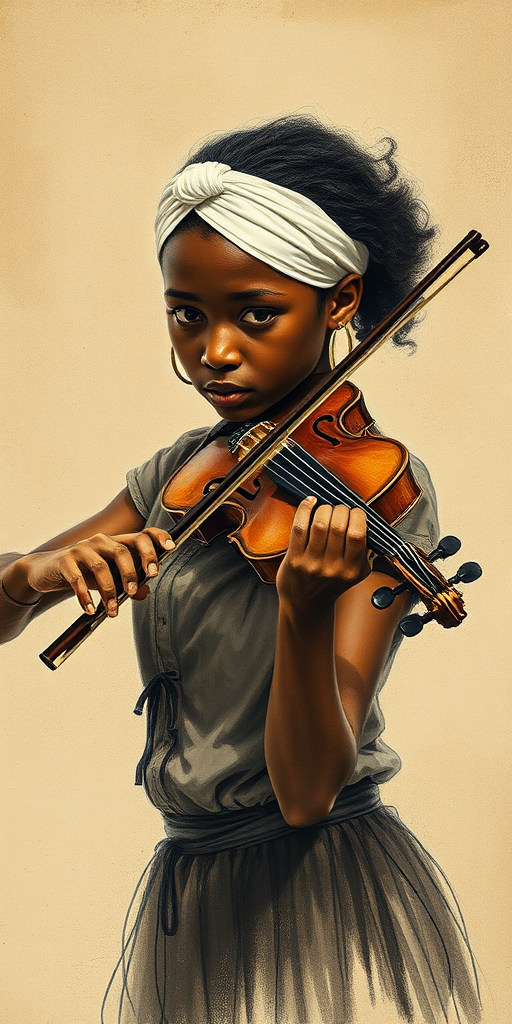 a young Creole woman with a white headband playing a violin, in the style of a charcoal drawing, sepia grunge background