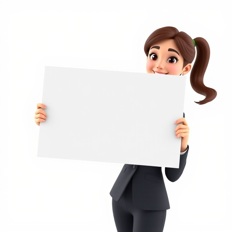 3D animated character of a young woman in a business suit holding a blank sign, full-body pose, bright lighting, white background, Canon EOS R5 camera, 50mm lens, f/1.8 aperture, ISO 100, high dynamic range, soft focus.