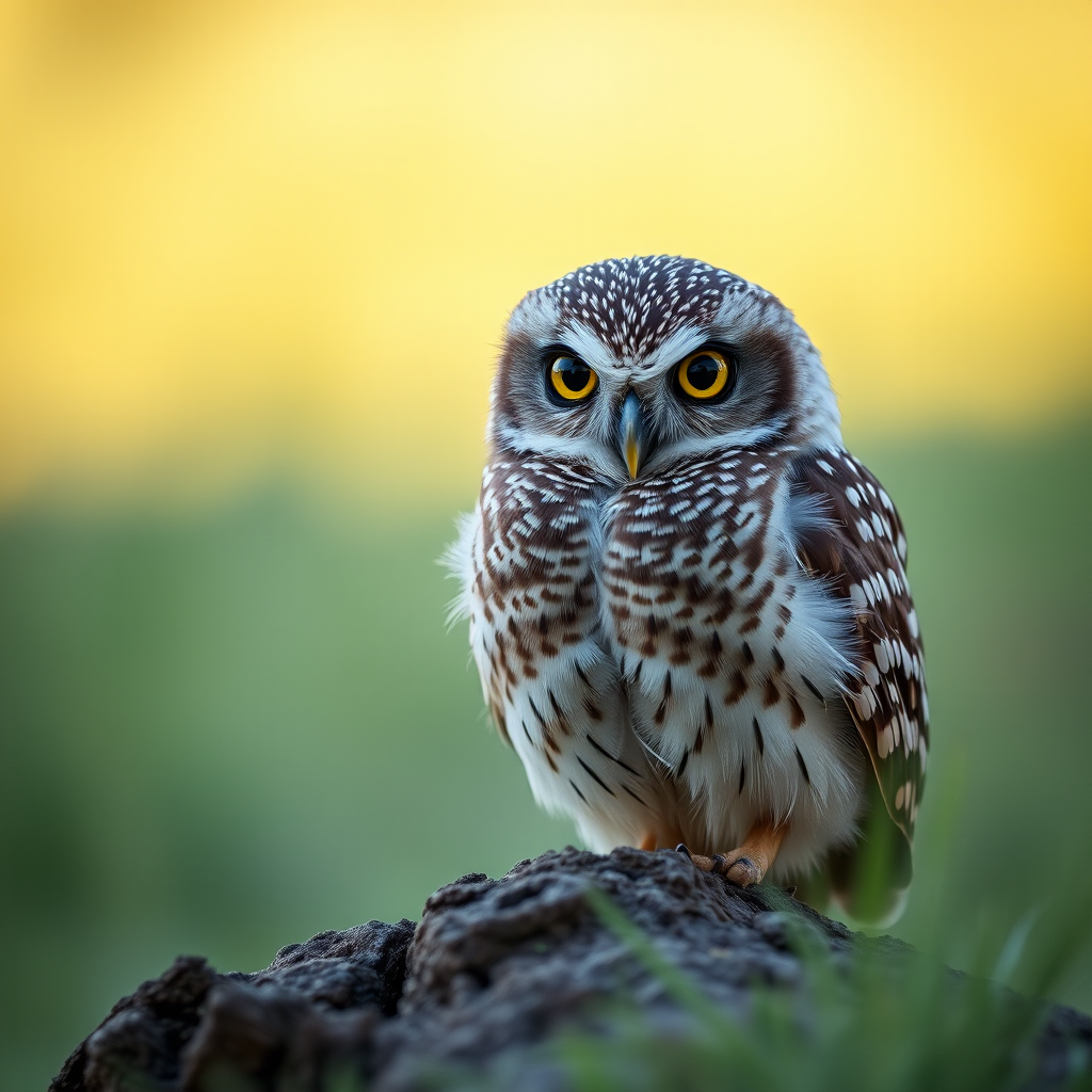 Capture a detailed close-up of a burrowing owl perched on a log, with a shallow depth of field, using a Canon EOS R5, 85mm f/1.8 lens, ISO 200, shutter speed 1/1000s under soft natural lighting.