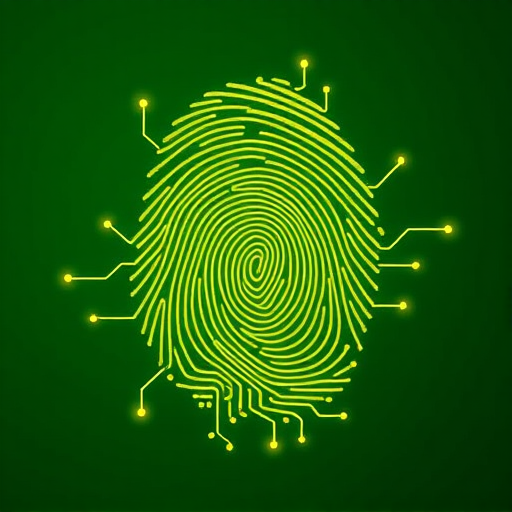 Create a digital artwork of a fingerprint made of yellow circuit lines on a green background, using a 50mm lens, f/2.8 aperture, ISO 100, captured in macro photography style with a full-frame DSLR camera.