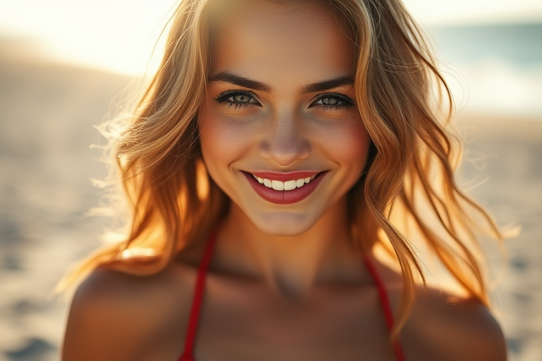 Generate a vibrant beach portrait of a young woman wearing a red bikini, shot with a Canon EOS R5 at f/1.8, ISO 100, 50mm lens, capturing natural sunlight for a soft bokeh effect.