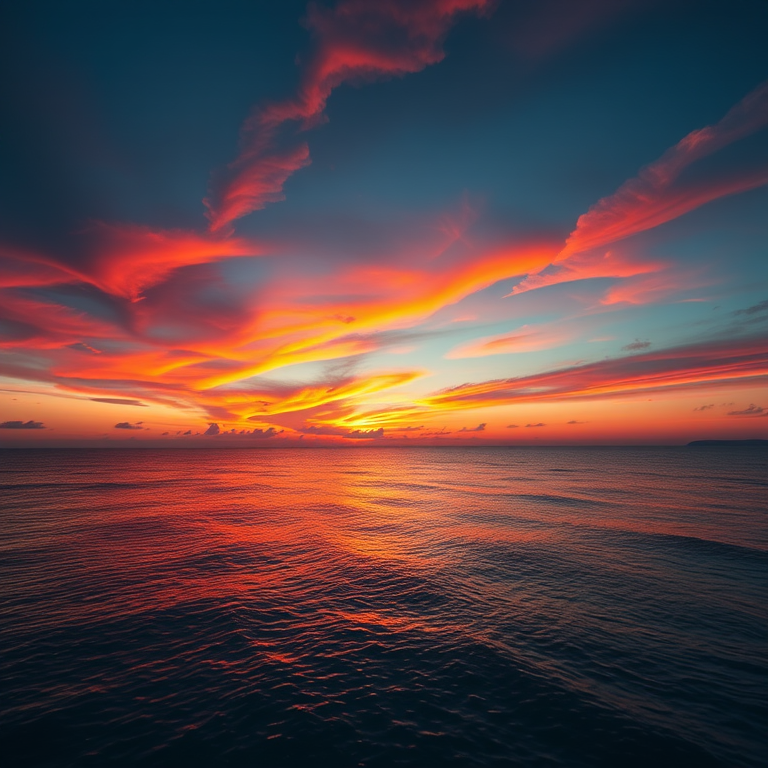 Generate a high-resolution image of a vibrant sunset over a calm ocean using a DSLR camera with a 50mm lens, aperture set to f/8, shutter speed at 1/250s, ISO 100, wide-angle view, capturing rich colors and reflections on the water.