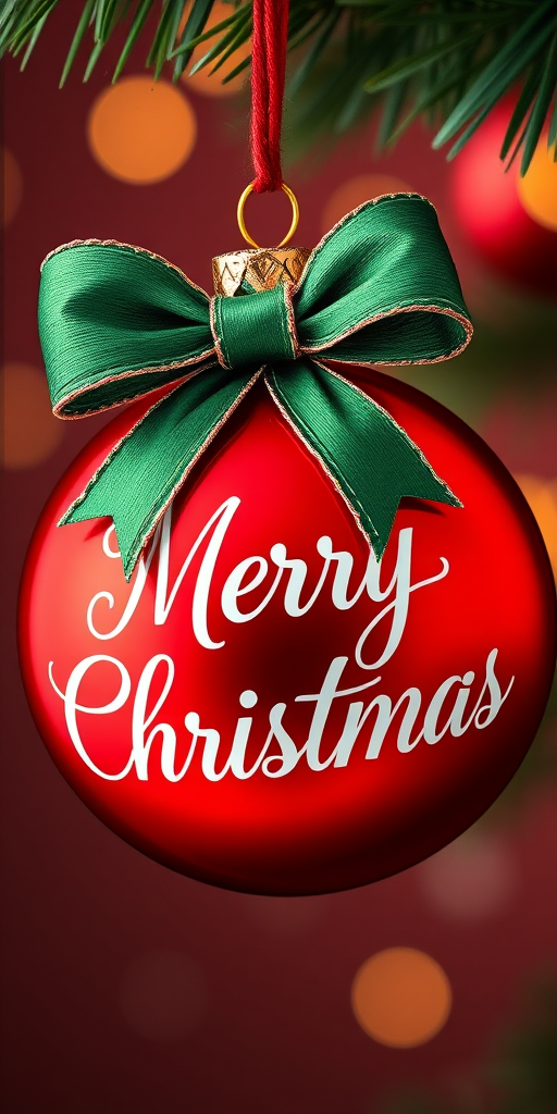Create a high-resolution illustration of a red Christmas ornament with a green bow, featuring elegant cursive text that says "Merry Christmas," shot with a DSLR camera at f/2.8 aperture, ISO 100, 50mm lens, using a soft lighting setup to enhance colors and textures in a studio environment.