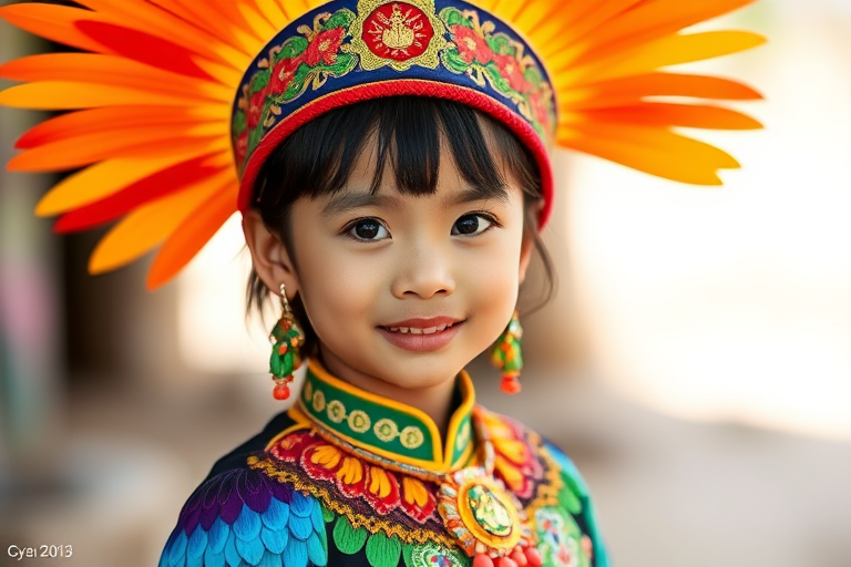A beautiful Cambodian girl, wearing colorful bird clothing with vibrant colors
