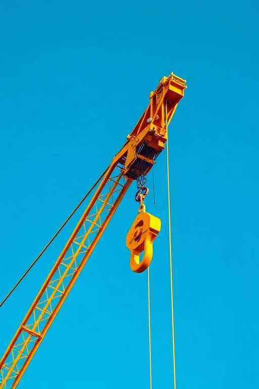 high-resolution image of a yellow construction crane hook against a clear blue sky, ISO 100, f/8 aperture, 1/200 sec shutter speed, captured with a DSLR camera in landscape orientation, using a wide-angle lens for depth and clarity