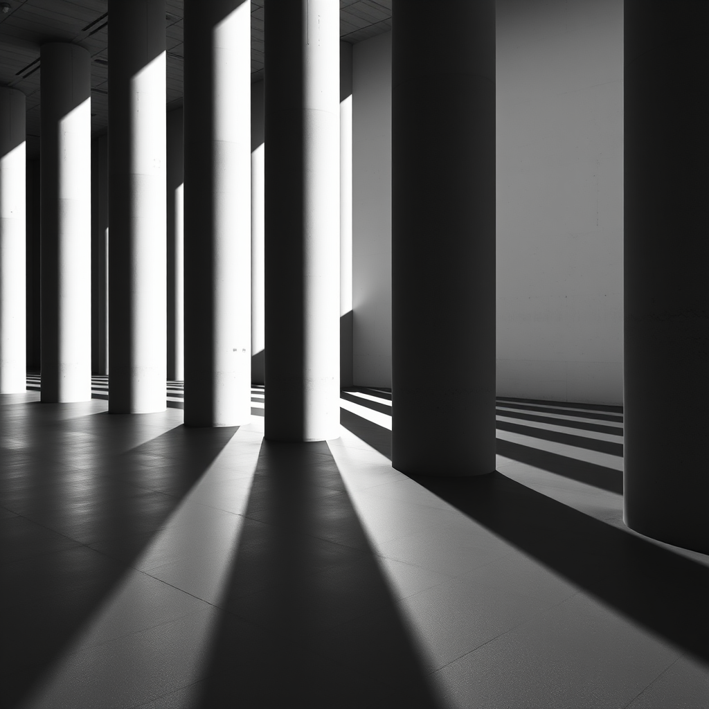 create a black and white image of tall concrete columns casting long shadows on a smooth floor with soft light illuminating the scene