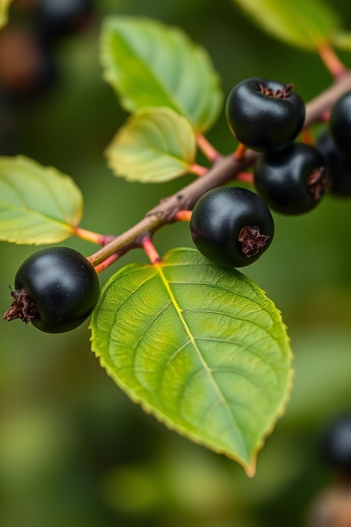 Create a high-resolution illustration of a branch with black berries and a green leaf, using macro photography style, with a shallow depth of field, f-stop of 2.8, ISO 100, and natural light.