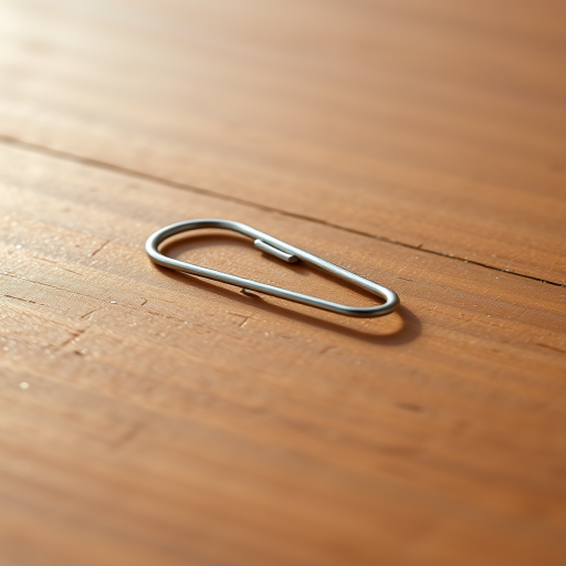 Create a high-resolution image of a paperclip on a wooden surface, use a DSLR camera with a 50mm lens, aperture f/2.8, ISO 100, and a shallow depth of field, side view, natural lighting with soft shadows.