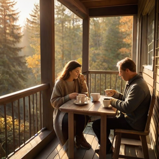 Warm, intimate image of a couple sipping coffee together on a cozy balcony, soft sunlight filtering through the trees, distant birds flying overhead, and the smell of fresh morning brew.