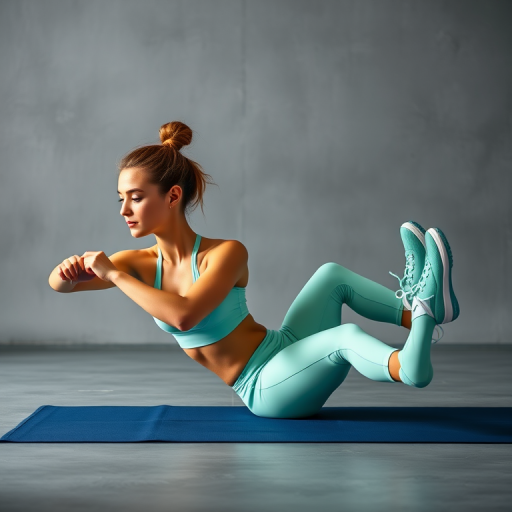 Create an image of a woman in a workout setting, performing sit-ups in mint green athletic wear on a gray background, using a Canon EOS R5 camera, 85mm lens, f/1.8 aperture, ISO 100, and soft lighting to enhance image quality.