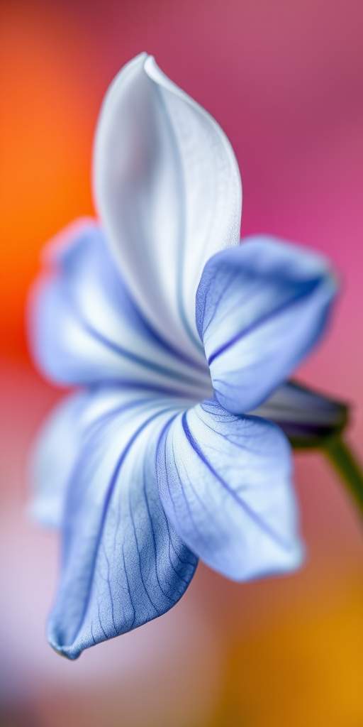 Close-up shot of a delicate blue and white flower with blurred colorful background, aperture f/2.8, shutter speed 1/200s, ISO 100, macro lens on DSLR camera, natural lighting, shallow depth of field.