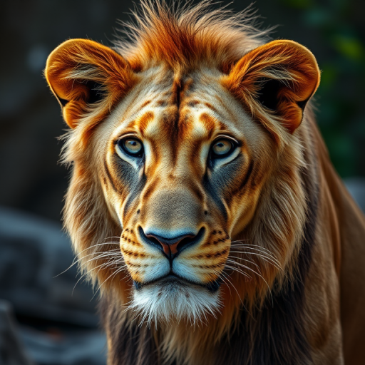 Regenerate an image of a lion with a shallow depth of field, 50mm lens, f/1.8 aperture, ISO 200, natural light, captured at eye level in a wildlife photography style.