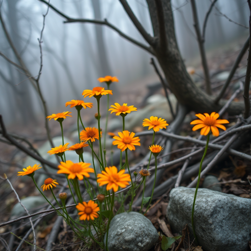 Regenerate an image of orange flowers amidst a misty forest with gray branches and stones, using a DSLR camera, 50mm lens, f/1.8 aperture, ISO 200, and a shallow depth of field for enhanced focus.