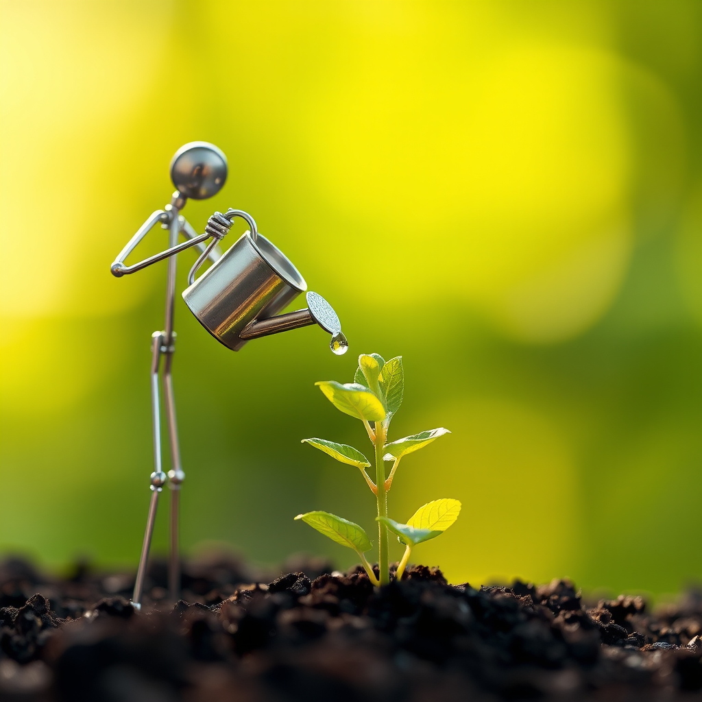 A metal figurine of a person, constructed from thin, silver rods, stands on the left side of the image, facing the viewer. The figurine is holding a small watering can and pouring water onto a young plant, with a few droplets in the air. The plant, with lush green leaves, is situated in the center, growing from dark soil. The background is a soft, out-of-focus blur of green, illuminated by warm, natural light. The composition creates a sense of depth and intimacy. The image evokes feelings of growth, nurture, and hope.