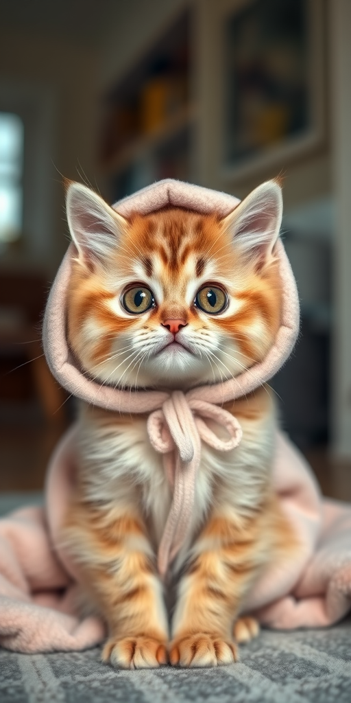 Cute fluffy cat with large expressive eyes wearing a cozy hooded blanket in soft pastel colors sitting indoors with a warm and inviting ambiance