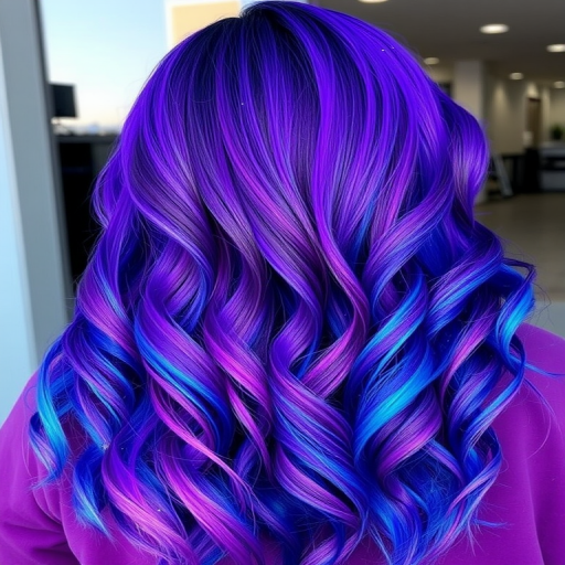 Intense purple to blue ombre style called "Twilight Galaxy" with long layers, vibrant color transition from deep violet roots to electric blue ends, soft spiral curls cascading down back, starry glitter accents scattered throughout