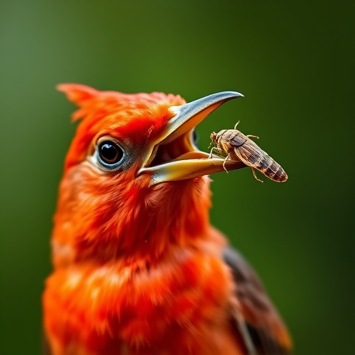 High-resolution close-up of a vibrant red bird with a bug in its beak, shallow depth of field, f/2.8 aperture, 1/125s shutter speed, ISO 400, taken with a DSLR camera, 85mm lens, natural light.