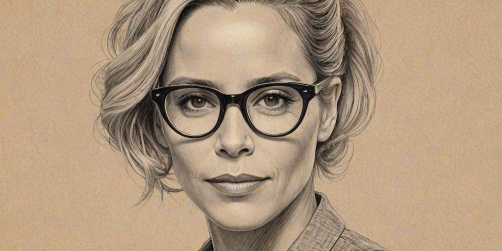 Sublime Maria Bello, pencil sketch, portrait of Dazzling woman 1949s in glasses, hair style beatnik, outline, clear lines, fine lines, 8k