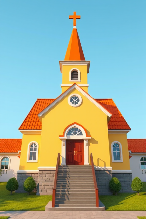 Create a digital illustration of a cartoon-style church with a yellow exterior, orange roofs, and a front staircase, shot with a Canon EOS R5 at f/8, ISO 100, 24mm lens, top-down view, high-resolution, bright colors.