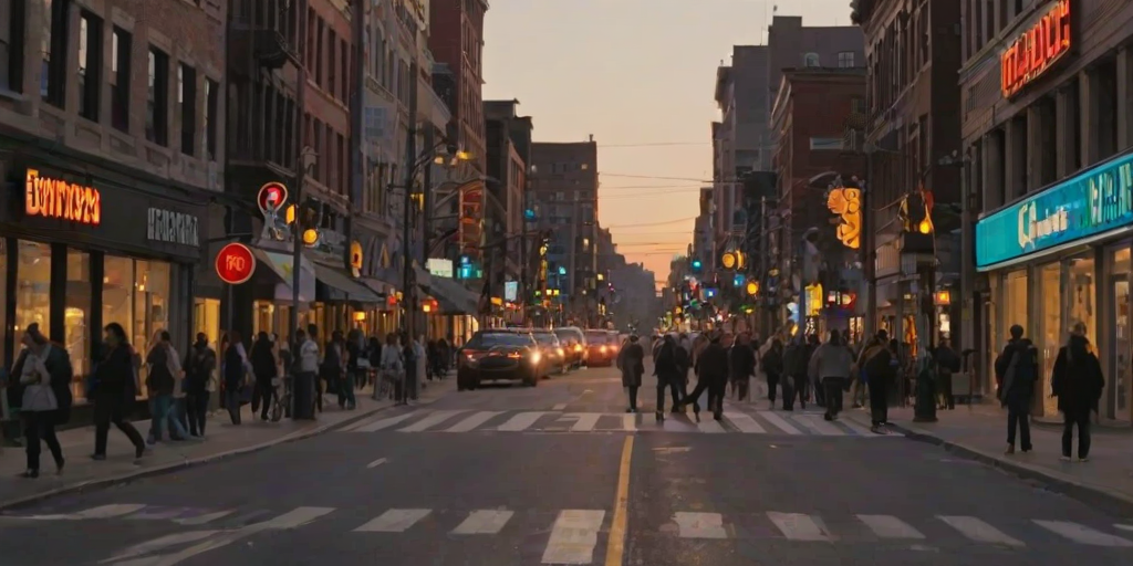 Bustling city street at sunset, with pedestrians crossing the road, cars passing by, and storefronts lit up, creating a vibrant atmosphere as day turns to night.