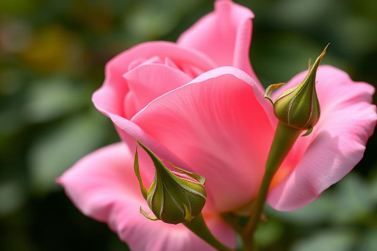 A close-up shot of a pink rose and a budding rosebud against a blurred green background, using a Canon EOS 5D Mark IV, aperture f/2.8, ISO 100, 50mm lens, with soft natural lighting to enhance the details and colors of the petals and leaves.