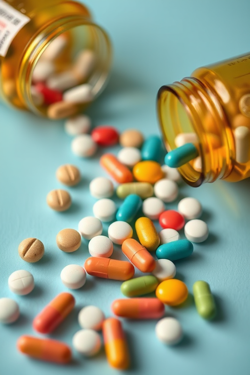 photograph of assorted pills spilled from a bottle on a light blue background, shallow depth of field, aperture f/2.8, ISO 200, 50mm lens, soft natural lighting, close-up view, DSLR camera