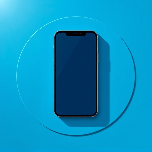 Create a high-resolution illustration of a smartphone on a blue circular background, using a shallow depth of field, 50mm lens, f/1.8 aperture, 1/200 sec shutter speed, with soft natural lighting to enhance shadows and highlights.