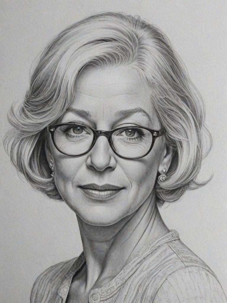 Lovely Helen Mirren, pencil sketch, portrait of Lovely woman 1935s in glasses, hair style beatnik, outline, clear lines, fine lines, 8k