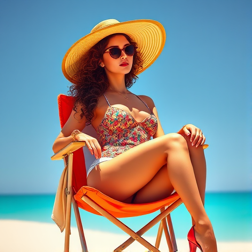 Create a digital illustration of a woman with curly hair wearing a wide-brimmed hat and sunglasses, sitting in a stylish pose on a folding chair, featuring a retro swimsuit and high heels, captured with a Canon EOS R5, 50mm lens, f/1.8 aperture, 1/125 sec shutter speed, natural light, and vibrant colors to enhance image quality and detail.